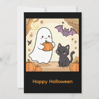 Invitation Fantôme Kawaii Effrayant Amusant avec Chat Noir