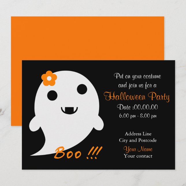 Invitation Fantôme Mélange Avec Fleur Et Mot "Boo" (Devant / Derrière)