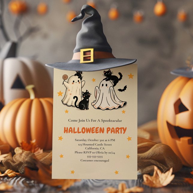 Invitation Fantôme mignon et fête d'Halloween de chat noir (Cute Ghost and Black Cat Halloween Party Invitation with funny halloween decoration and a witch hat)