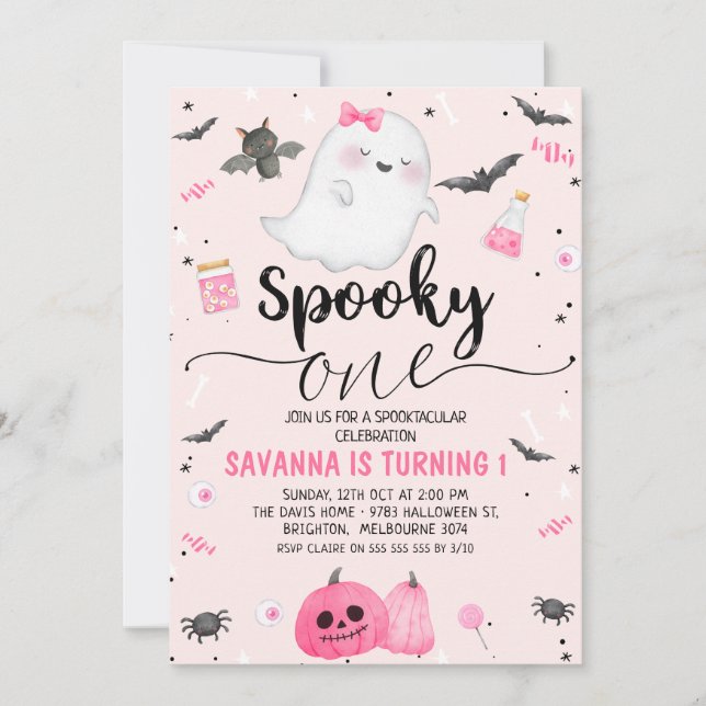 Invitation Fantôme rose Éffrayant un Halloween 1er anniversai (Devant)