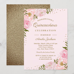 Invitation Fard doré floral aquarelle Quinceanera