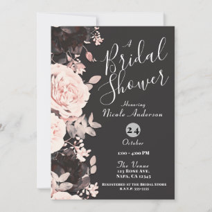 Invitation Fard Rose Floral Foncé Gris Charbon Enterrement de