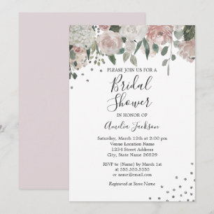 Invitation Fardée de rose argent aquarelle florale douche de