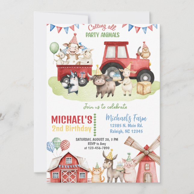 Invitation Farm animals boy ANY AGE birthday invitation. (Devant)