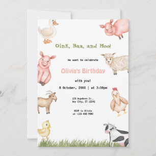 Invitation Farm Animals Girl En vichy Barnyard Fête d'anniver