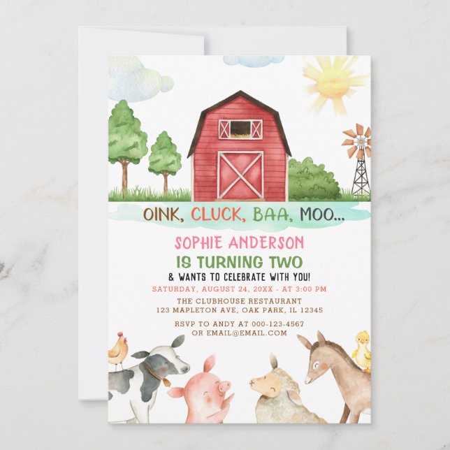 Invitation Farm Barnyard Animaux 2e anniversaire (Devant)