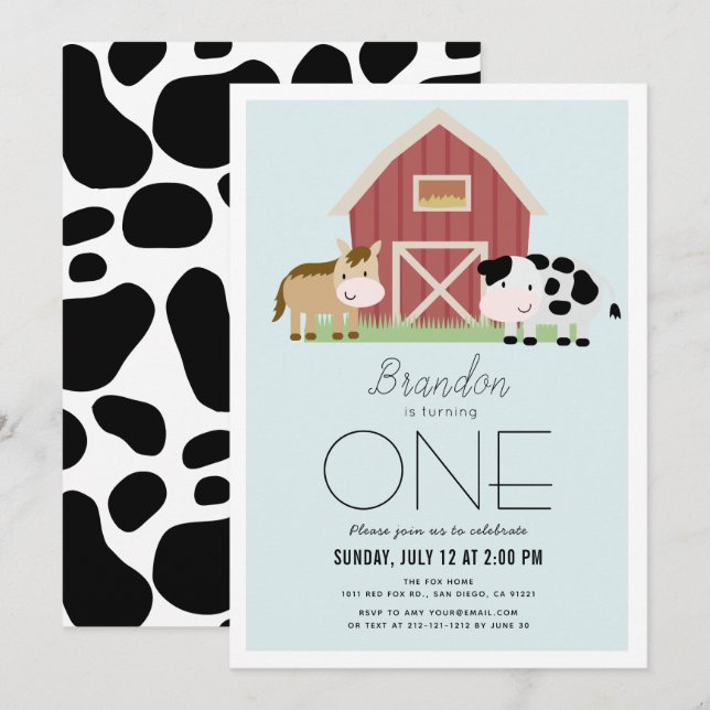 Invitation Farm Barnyard Blue Boy 1er anniversaire (Devant / Derrière)