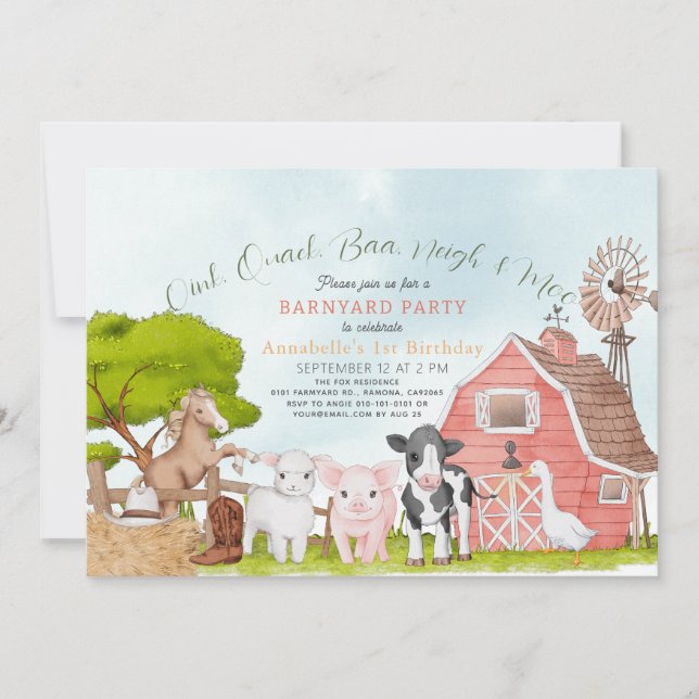 Invitation Farm Barnyard Rodeo Aquarelle 1er anniversaire (Devant)