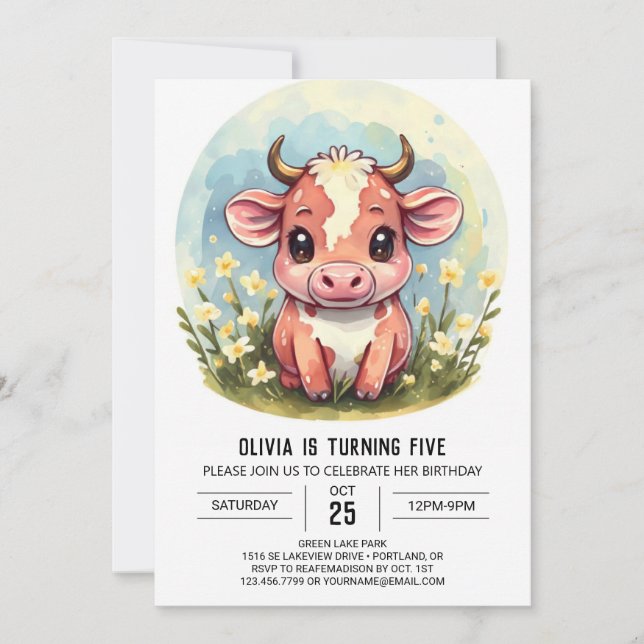 Invitation Farm Cute Vache moderne Anniversaire (Devant)
