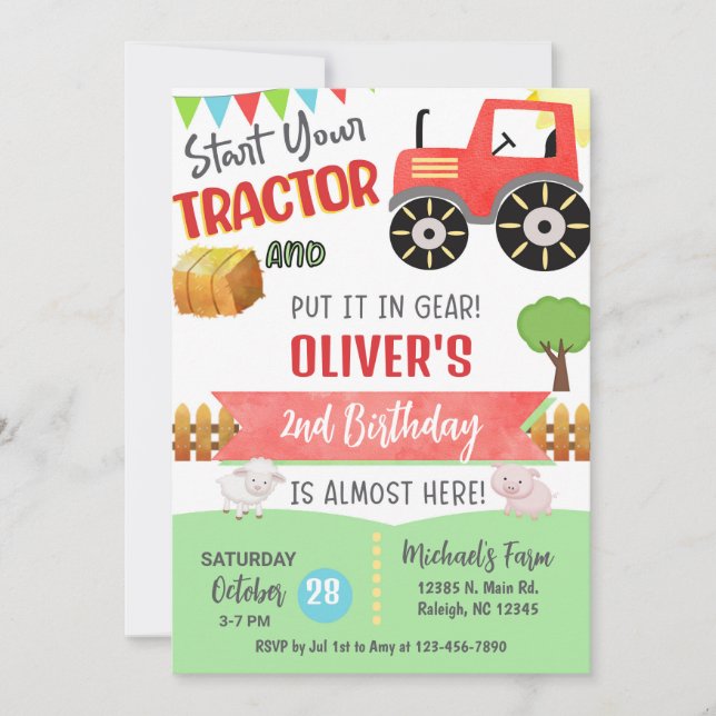 Invitation Farm red tractor boy ANY AGE birthday invitation. (Devant)