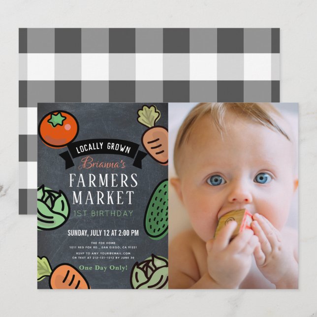 Invitation Farmers Market Chalkboard Photo 1er anniversaire (Devant / Derrière)