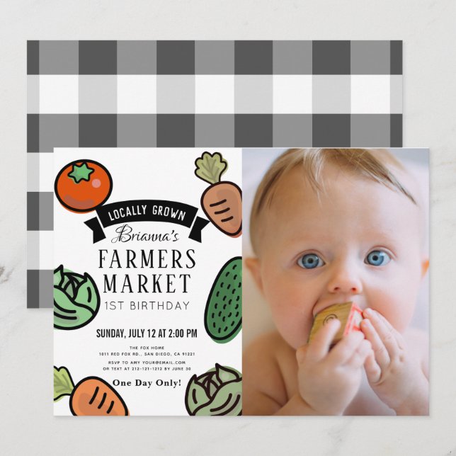 Invitation Farmers Market Chic Blanc 1er Anniversaire Photo (Devant / Derrière)