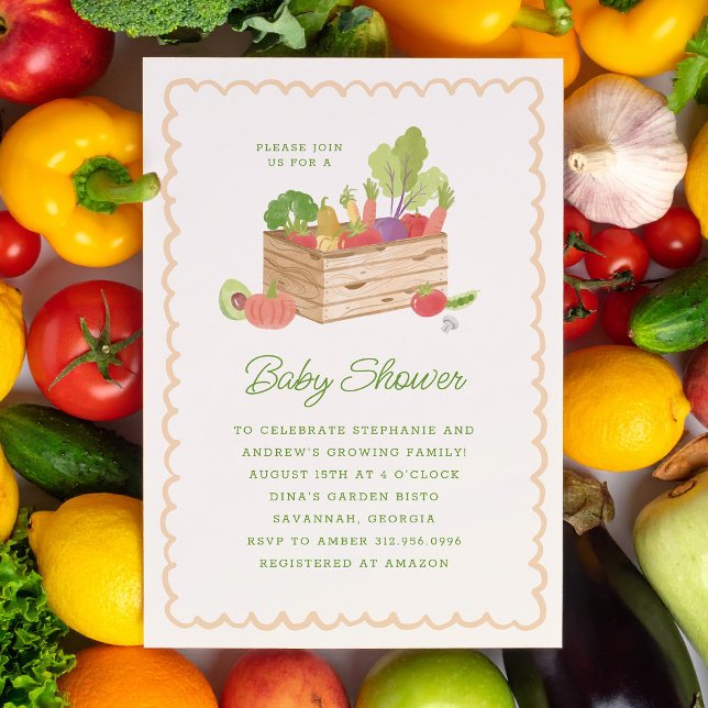 Invitation Farmer's Market Locally Grown Veggies Baby Shower (cute watercolour farmer's market baby shower invitation with crate of vegetables)
