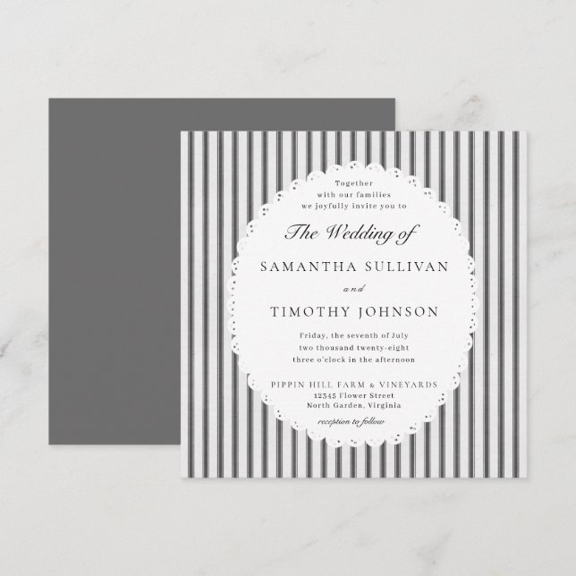 Invitation Farmhouse Ticking Stripe Scalloped Lace Wedding (Devant / Derrière)