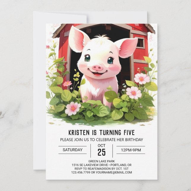 Invitation Farmyard Friends Piglet's Boho Girl Birthday (Devant)