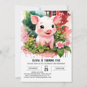 Invitation Farmyard Friends Watercolor Piglet Girl Anniversai
