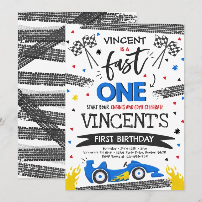 Invitation Fast One 1er Anniversaire Party Blue Race Car Fast (Devant / Derrière)