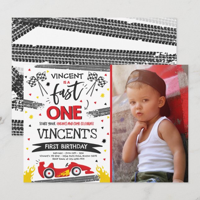 Invitation Fast One 1er Anniversaire Party Red Race Car Fast  (Devant / Derrière)