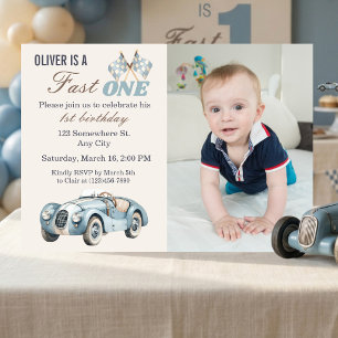 Invitation Fast One 1er Anniversaire Voiture de Course Bleue 