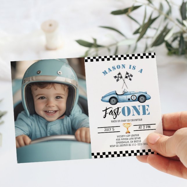 Invitation Fast One Blue Photo Race voiture garçon 1er annive (Créateur téléchargé)