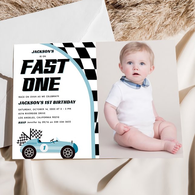 Invitation Fast One Blue Race Car Anniversaire Photo (Créateur téléchargé)