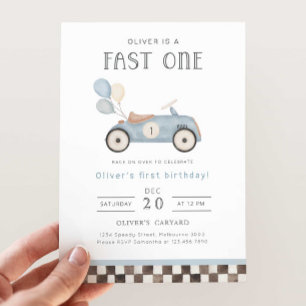 Invitation Fast One Blue Race Car & Balloons 1er anniversaire