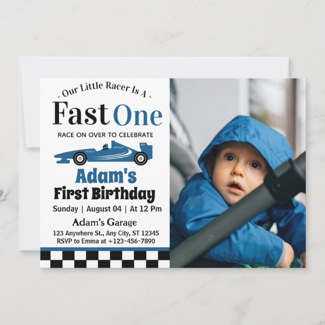 Invitation Fast One Blue Race Car Boy 1er anniversaire (Devant)