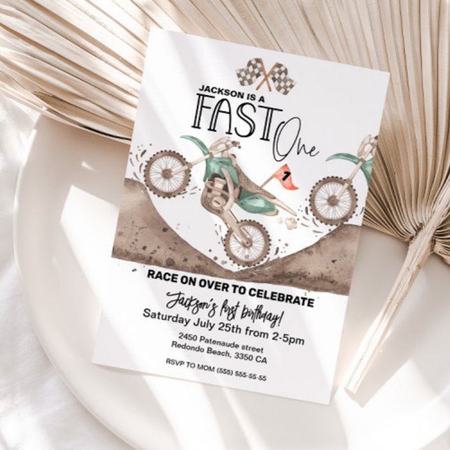 Invitation Fast ONE Green Dirt Bike 1er anniversaire (Fast One green dirt bike birthday invitation, 1st birthday invitation)