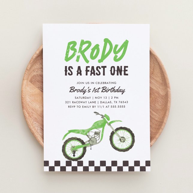 Invitation Fast One Green Dirt Bike Boy 1er anniversaire (Créateur téléchargé)