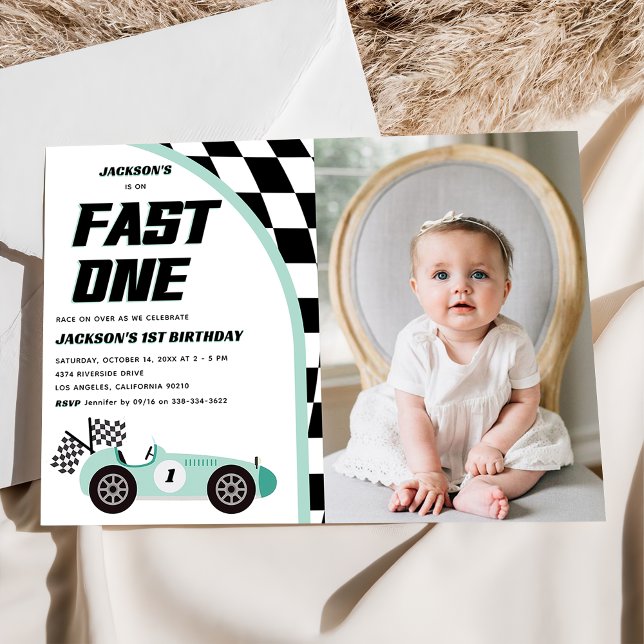 Invitation Fast One Green Race Car fête d'anniversaire (Créateur téléchargé)