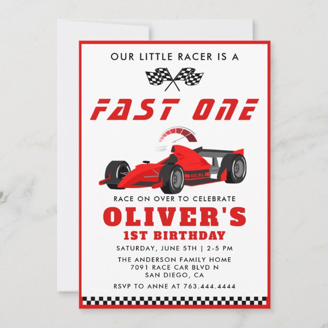 Invitation Fast One Race Car Boy 1ère fête d'anniversaire (Devant)