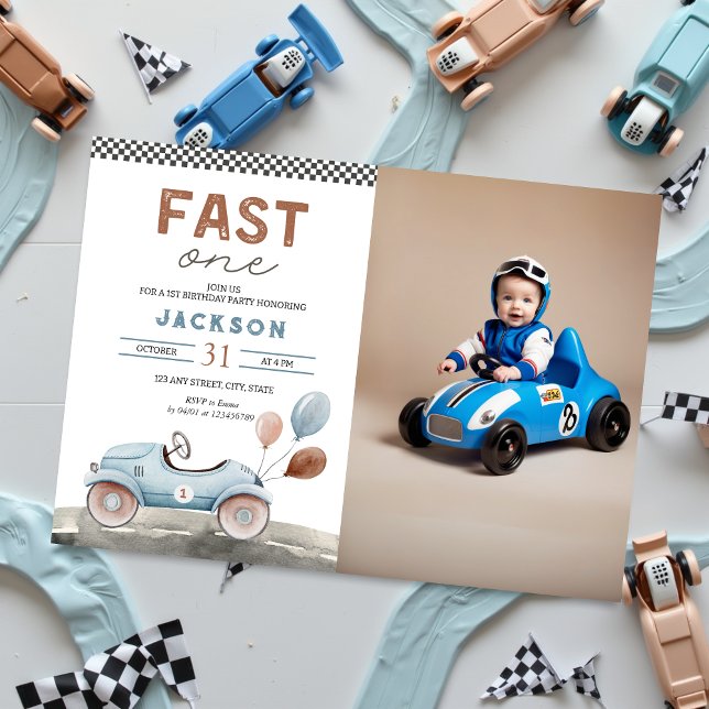 Invitation Fast One Racing Car Blue Boy 1ère photo Anniversai (Fast One Photo 1st birthday Invitation, Racing, Race Car, Our little champion speedster)