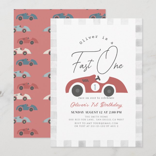 Invitation Fast One Red Race Car Boy 1er anniversaire (Devant / Derrière)