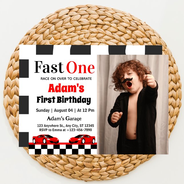 Invitation Fast One Red Race Car Boy 1st Birthday Party Photo (Créateur téléchargé)
