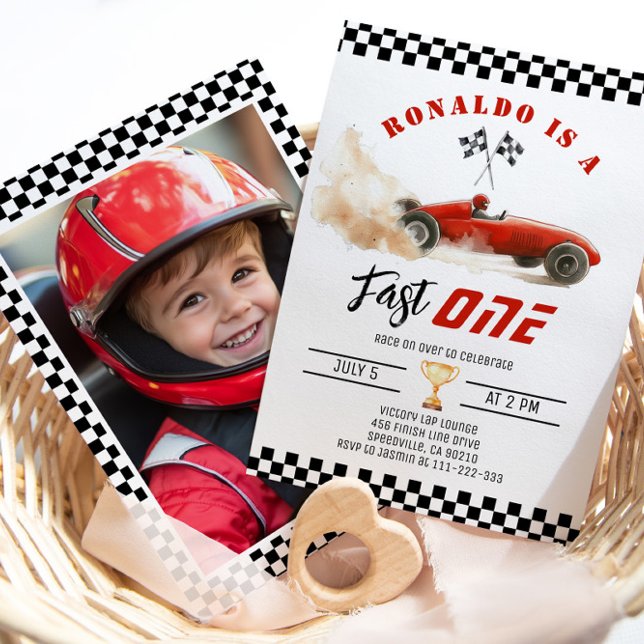 Invitation Fast One Red race car Garçon 1er anniversaire Phot (Créateur téléchargé)