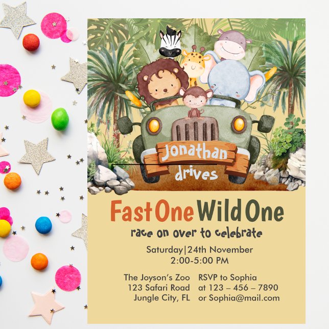 Invitation Fast One Wild One Safari Animaux Voiture 1er anniv (Créateur téléchargé)