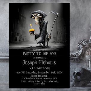 Invitation Faucheuse drôle avec gâteau d'anniversaire