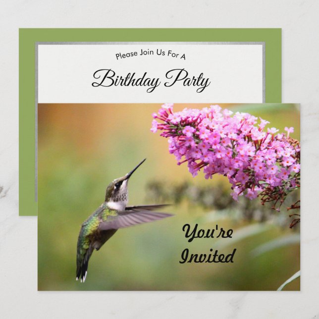 Invitation Faune Hummingbird Floral Photo Anniversaire (Devant / Derrière)