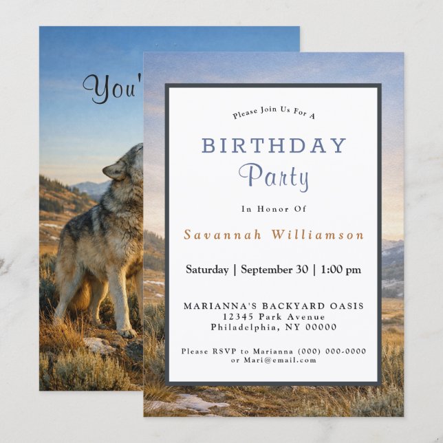 Invitation Faune Loup Gris Hurlement Anniversaire (Devant / Derrière)