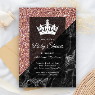 Invitation Fausse Baby Shower Marbre Noir Paillettes Rose Gol