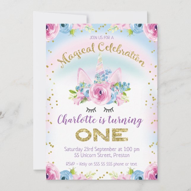 Invitation fausse Gold Unicorn Rainbow 1er anniversaire Invit (Devant)