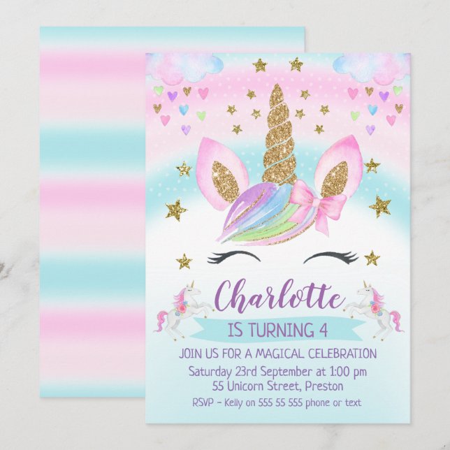 Invitation fausse Gold Unicorn Rainbow 1er anniversaire Invit (Devant / Derrière)
