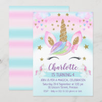 fausse Gold Unicorn Rainbow 1er anniversaire Invit