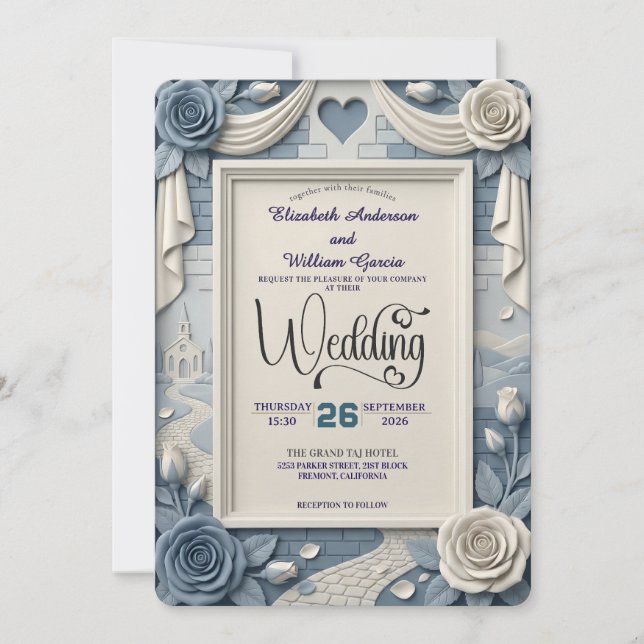 Invitation Faux 3D Relief Dusty Blue Floral Wedding  (Devant)