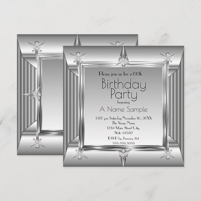 Invitation Faux Argent Chrome Revêtement métallique Anniversa (Devant / Derrière)