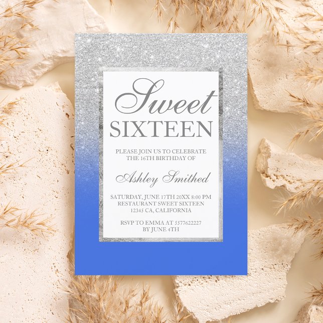 Invitation Faux argent parties scintillant bleu élégant chic  (Faux silver glitter blue elegant chic Sweet 16 Invitation)