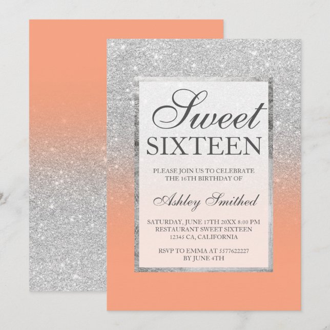 Invitation Faux argent parties scintillant chic orange élégan (Devant / Derrière)