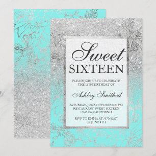Invitation Faux argent parties scintillant turquoise floral c