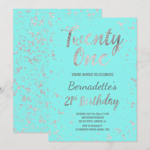 Invitation Faux argentés confettis turquoise 21e anniversaire