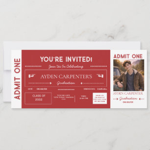 Invitation Faux Billet de Remise des Diplômes Rouge et Blanc 